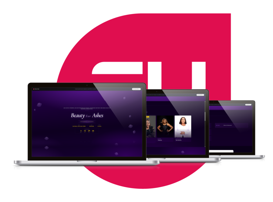 An Event Host invitation site shown across three laptop screens