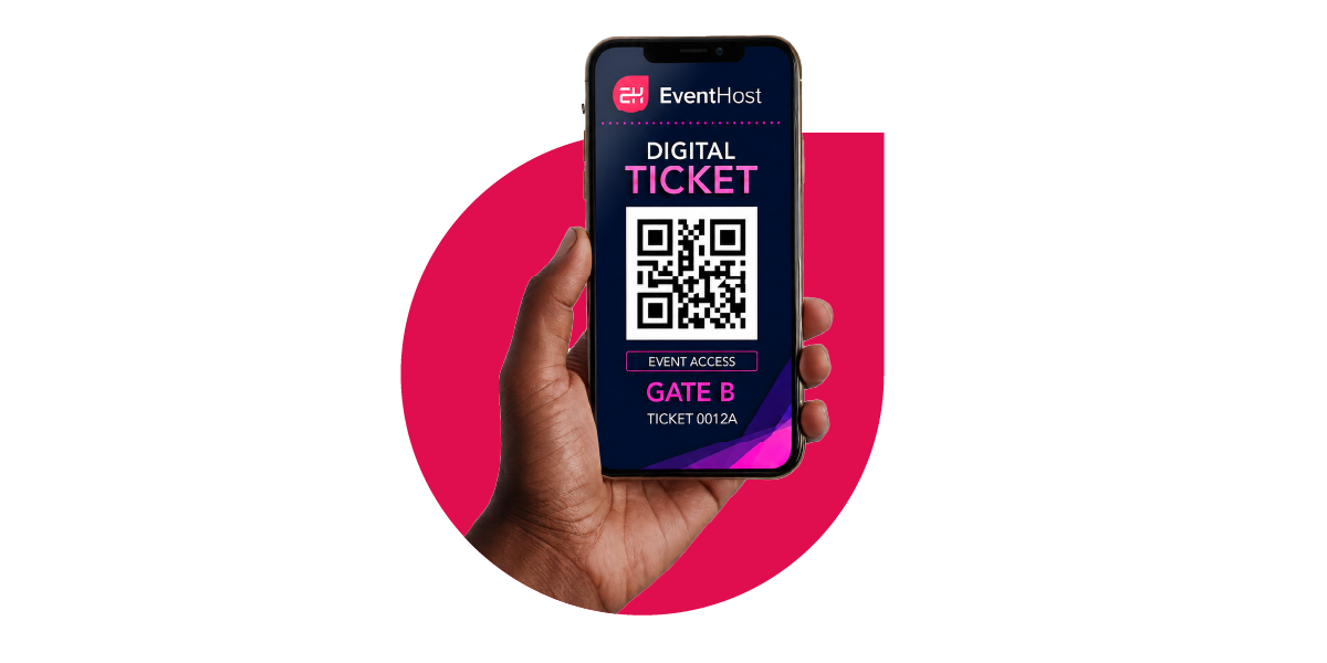 A phone displaying an Event Host digital QR ticket